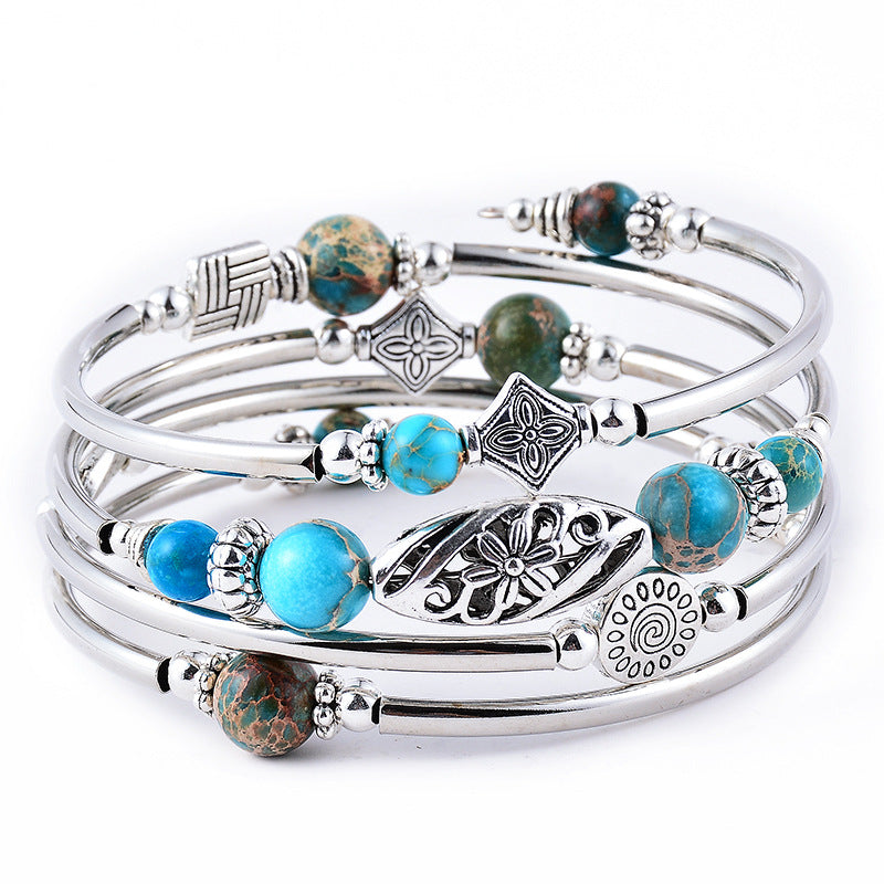 Amazon New Natural Turquoise/Tiger's Eye Wrap Bracelet Multi-Circle Layered Natural Stone Beaded Bracelet