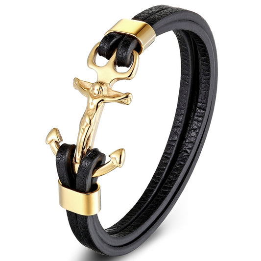 Classic Stainless Steel Leather Cord Bracelet Men's Bracelet