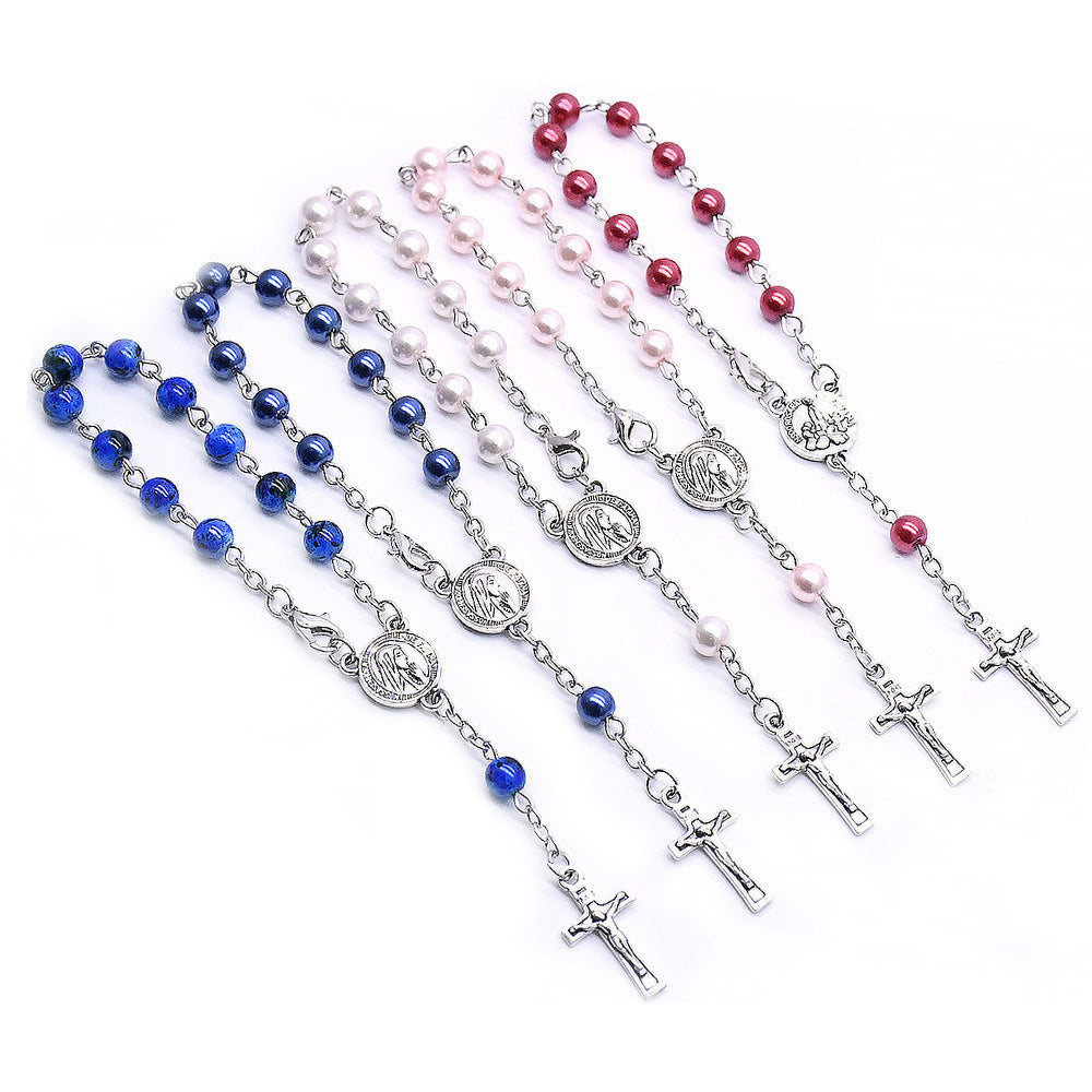 Boxed 6mm Pearl Rosary Bracelet Alloy Cross Bracelet Prayer Beads