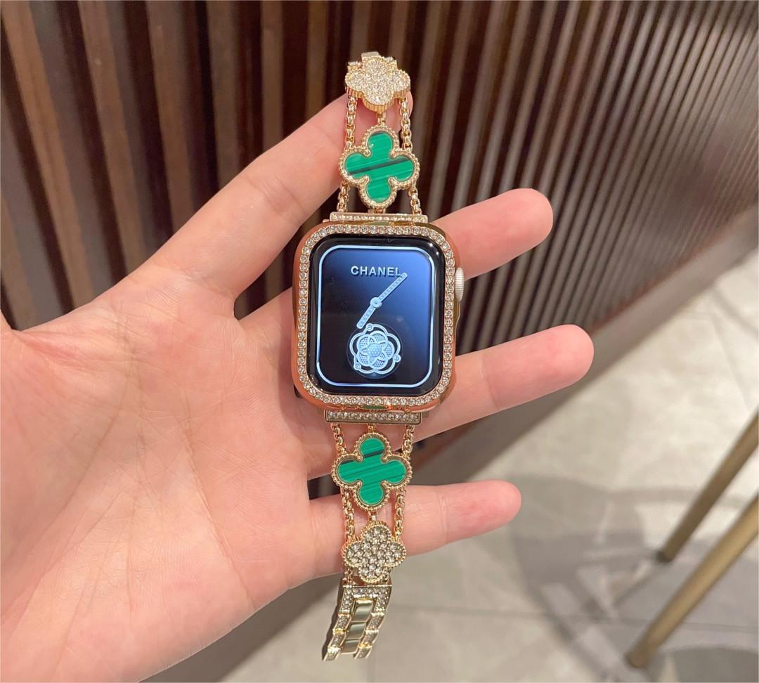 Suitable For Apple Watch Band Apple Watch1-8 Generation Diamond Four-leaf Clover Chanel Style Metal Watch Band