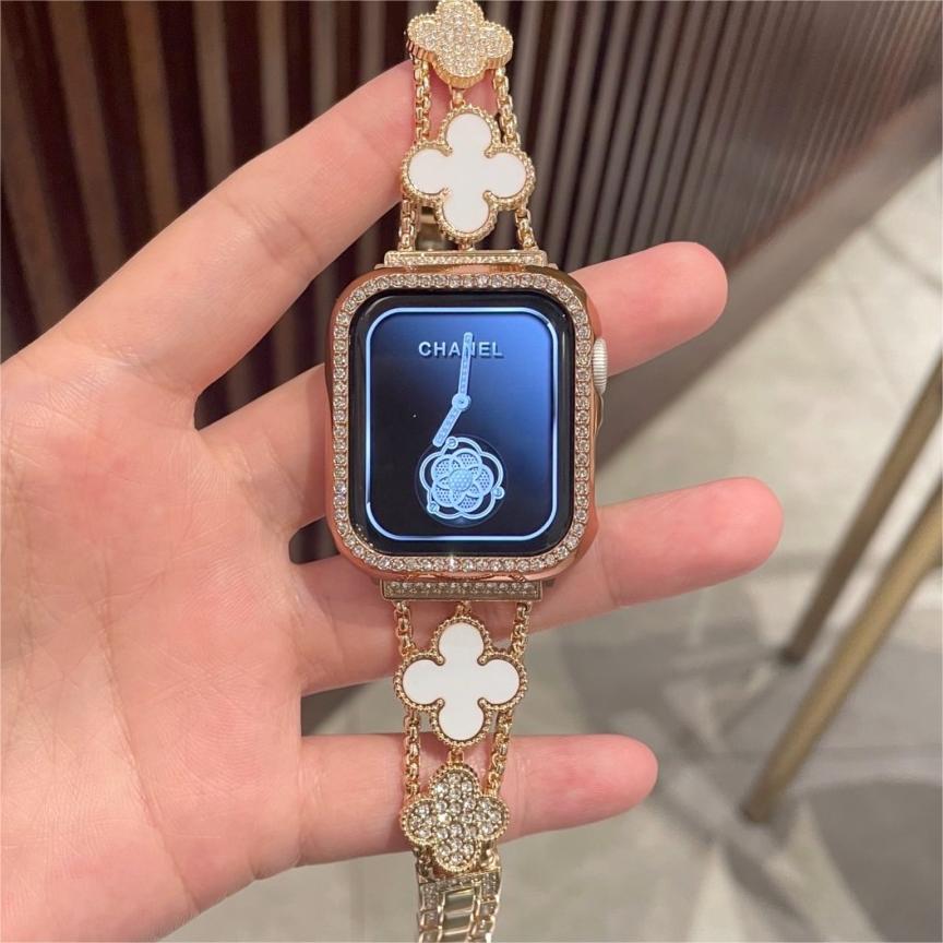 Suitable For Apple Watch Band Apple Watch1-8 Generation Diamond Four-leaf Clover Chanel Style Metal Watch Band