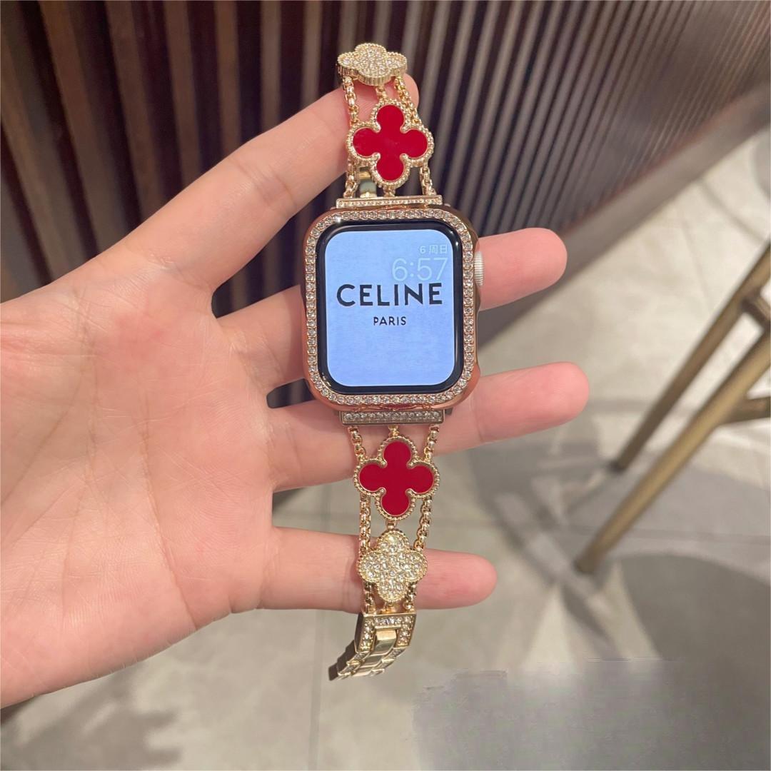 Suitable For Apple Watch Band Apple Watch1-8 Generation Diamond Four-leaf Clover Chanel Style Metal Watch Band