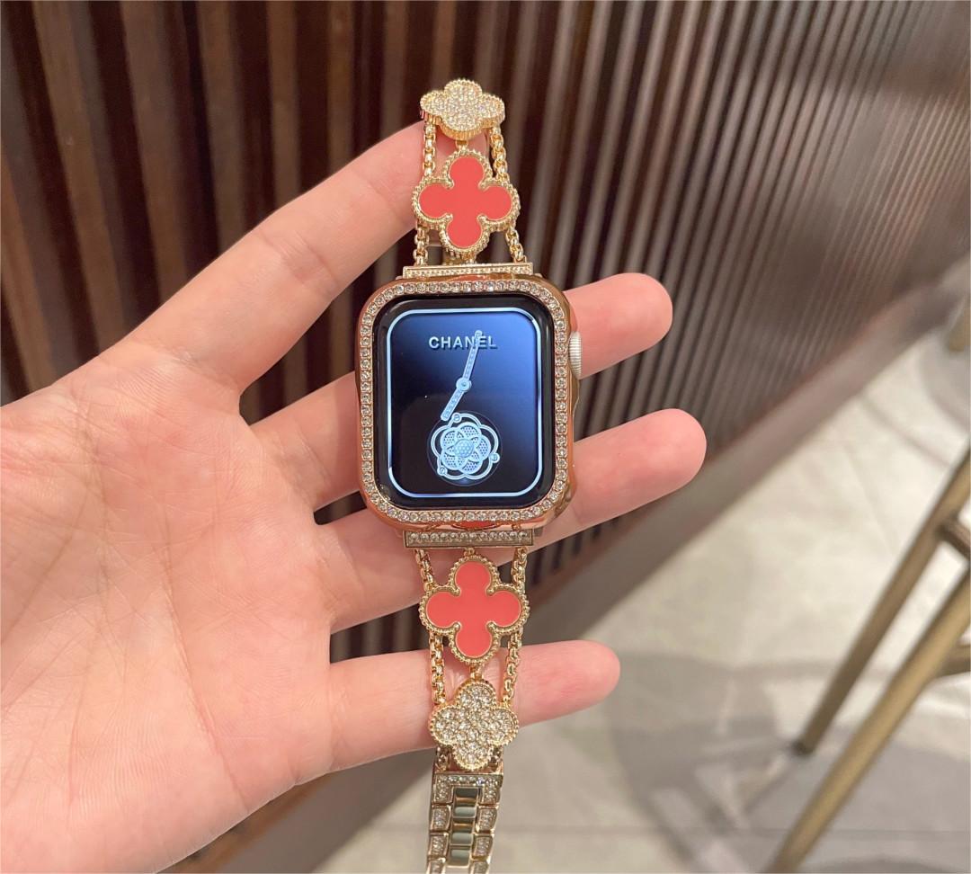 Suitable For Apple Watch Band Apple Watch1-8 Generation Diamond Four-leaf Clover Chanel Style Metal Watch Band