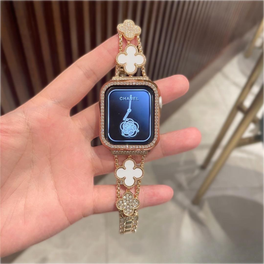 Suitable For Apple Watch Band Apple Watch1-8 Generation Diamond Four-leaf Clover Chanel Style Metal Watch Band