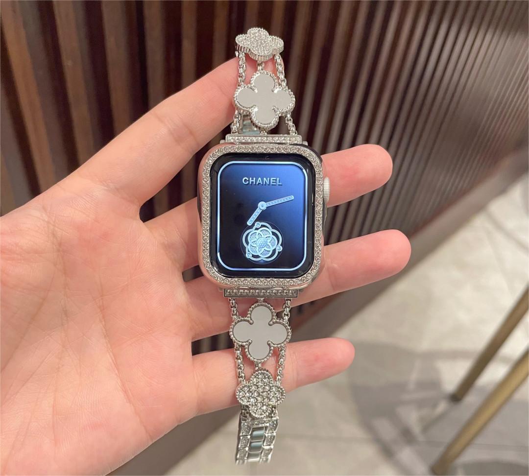 Suitable For Apple Watch Band Apple Watch1-8 Generation Diamond Four-leaf Clover Chanel Style Metal Watch Band