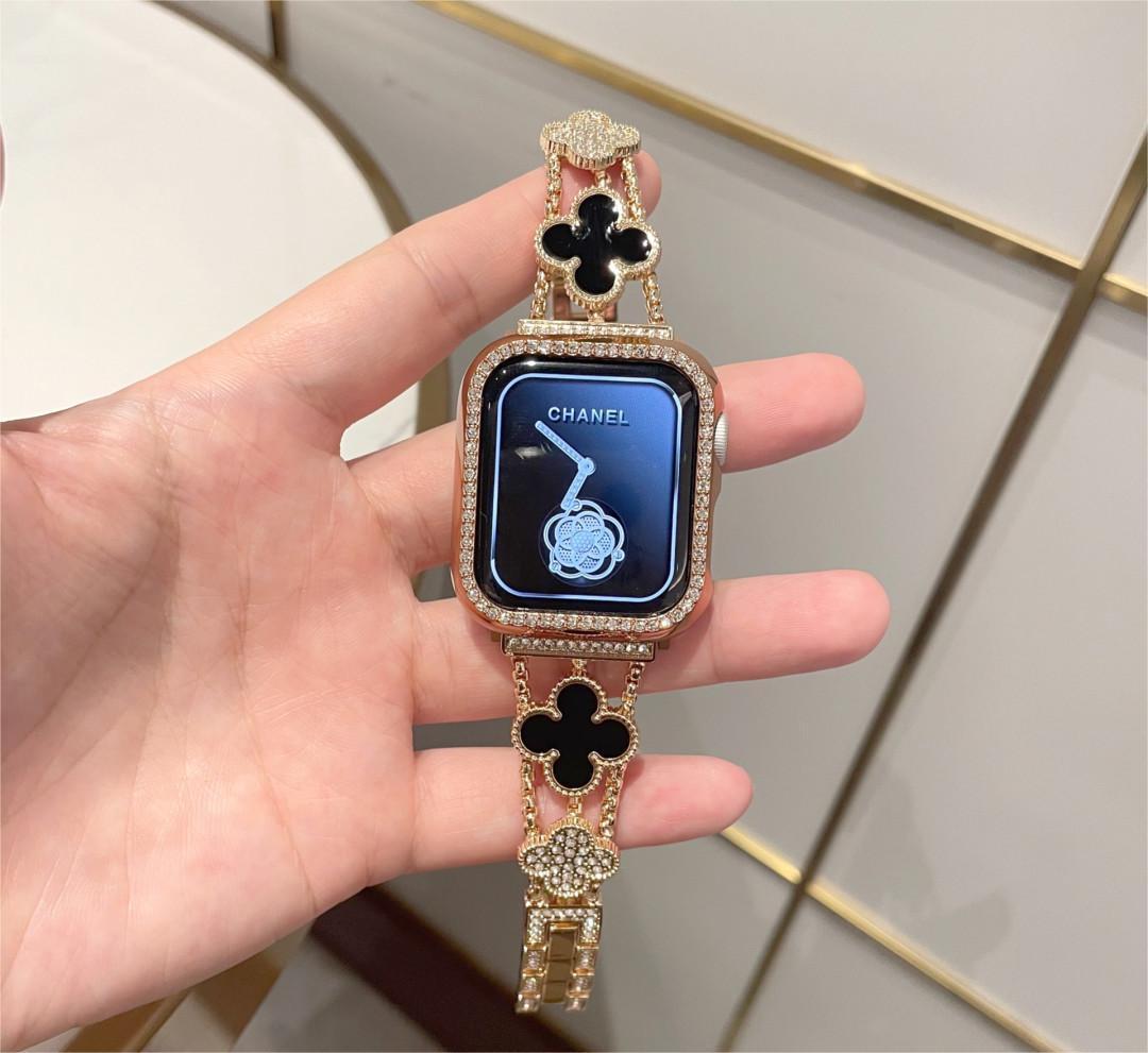 Suitable For Apple Watch Band Apple Watch1-8 Generation Diamond Four-leaf Clover Chanel Style Metal Watch Band