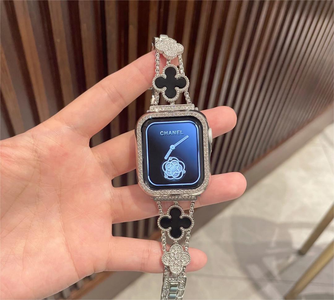 Suitable For Apple Watch Band Apple Watch1-8 Generation Diamond Four-leaf Clover Chanel Style Metal Watch Band