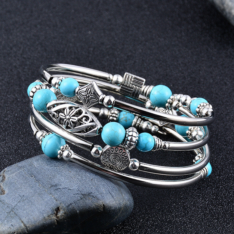 Amazon New Natural Turquoise/Tiger's Eye Wrap Bracelet Multi-Circle Layered Natural Stone Beaded Bracelet