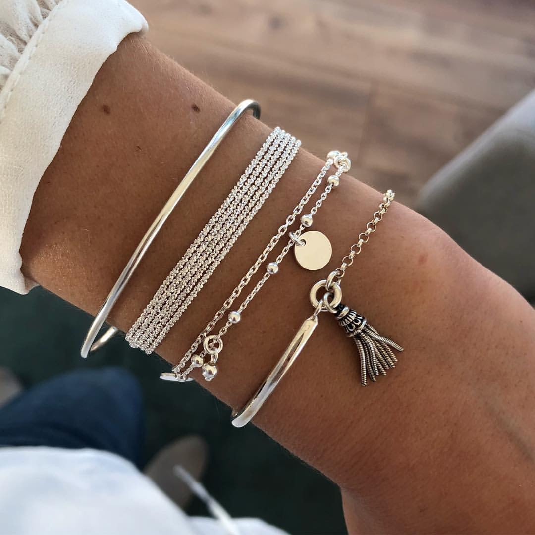 European And American Simple Silver Smooth Tassel Bracelet Personalized Multi-layer Chain Disc 4-piece Bracelet