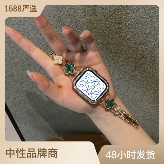 Suitable For Apple Watch Band Apple Watch1-8 Generation Diamond Four-leaf Clover Chanel Style Metal Watch Band